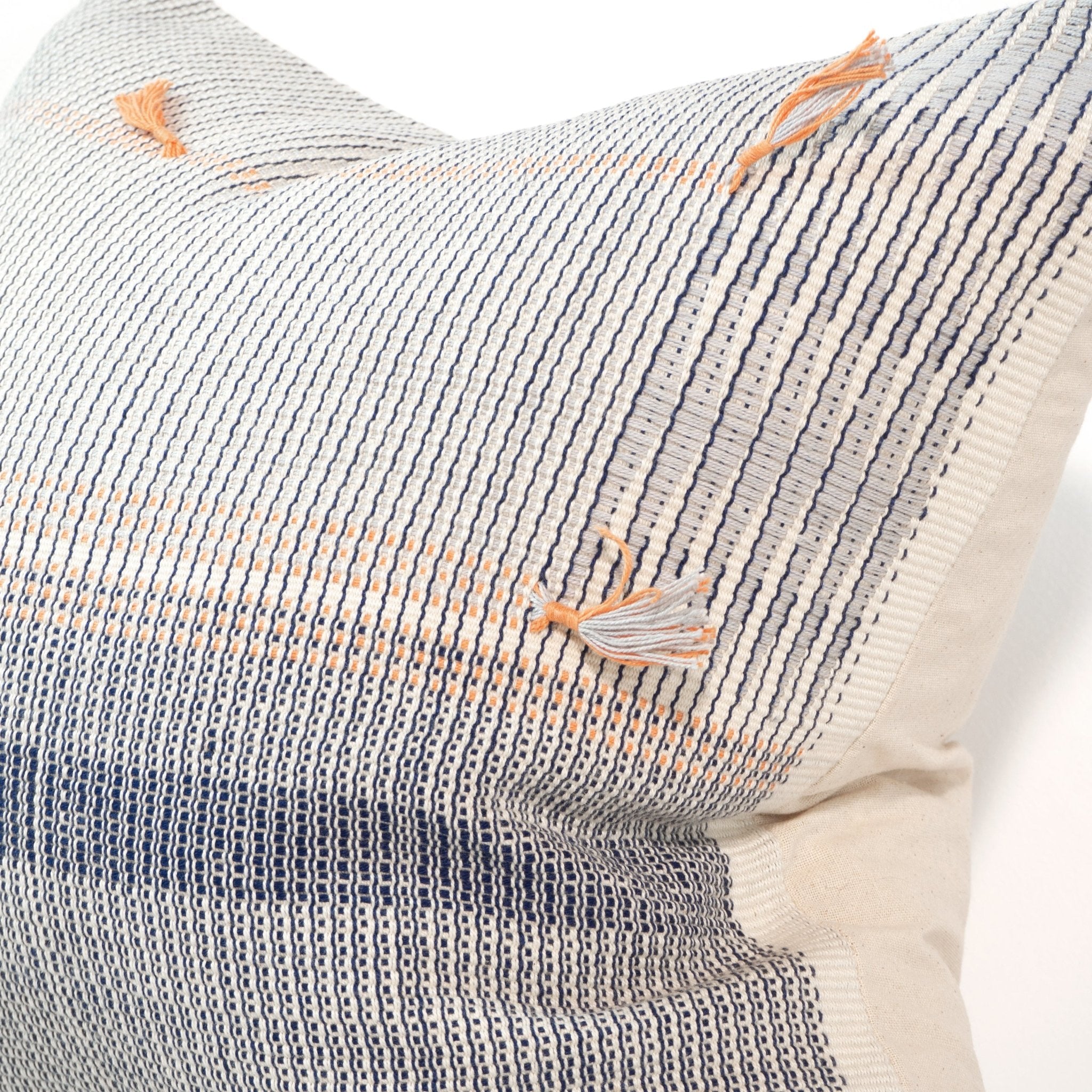 Handwoven white, navy and orange cotton square throw cushion from Nagaland, India